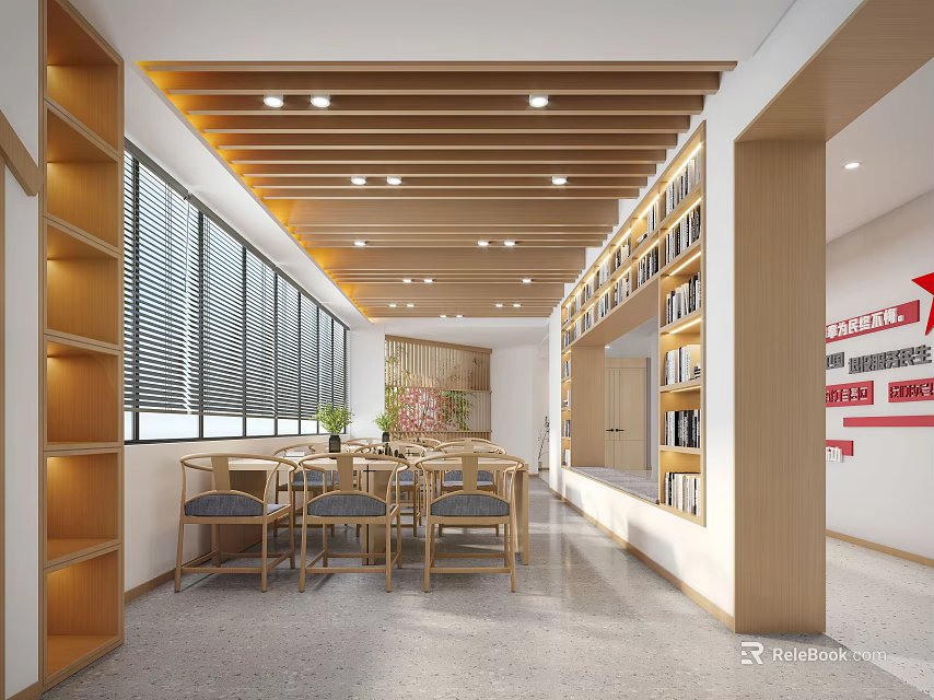Book Art Inspired Library Interior Design With Wooden Bookshelves Tables Chairs And Window Blinds 3d model 
