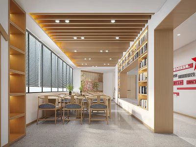 Book Art Inspired Library Interior Design With Wooden Bookshelves Tables Chairs And Window Blinds 3d model