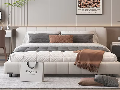 Modern Double Bed With Beige Headboard White Mattress Gray Brown Pillows And Brown Blanket 3d model