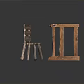 Rustic Outdoor Wooden Workbench With Chair Axe Grass And Gravel Ground