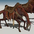 Three Red Reptiles with Saddle Like Gear Standing Head Down in Open Area