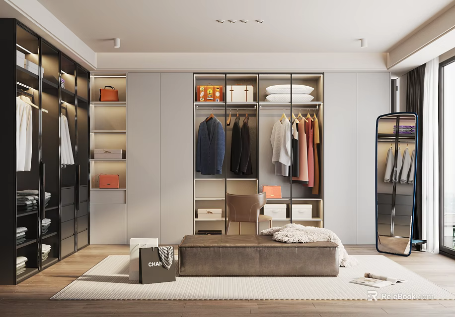 Modern Walk in Closet Design With Wardrobe Storage Bench And Mirror 3d model 