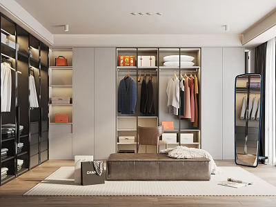 Modern Walk in Closet Design With Wardrobe Storage Bench And Mirror 3d model