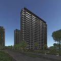 Modern High Rise Residential Building Exterior With Trees And Urban Skyline