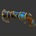 Fantasy Decorative Weapon With Blue Gemstone Golden Accents And Curved Wooden Handle