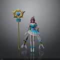 Woman in blue white dress with pink hair holding golden staff with heart blue gem