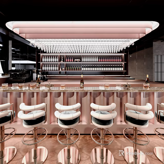 Stylish Bar Interior With Pink Counter White Padded Stools Chandeliers And Wine Racks 3d model 