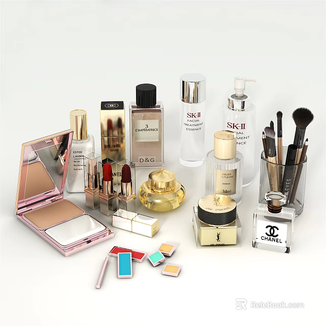 Luxury Perfumes And Cosmetics Collection With Lipsticks Skincare Products Makeup Brushes And Cream Jars 3d model 