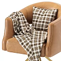 Brown Leather Single Sofa with Plaid Blanket Cushion and Gold Tripod Base