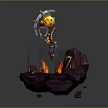 Sculpture Carving Featuring Glowing Axe Orange Yellow Elements Flames On Purple Rock Base Luminous Lines