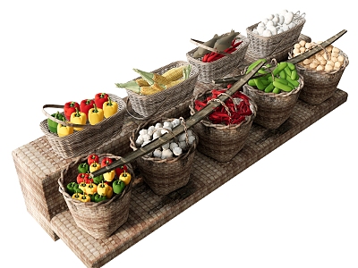 Fruits Vegetables Bamboo Basket Pepper Garlic Corn 3d model