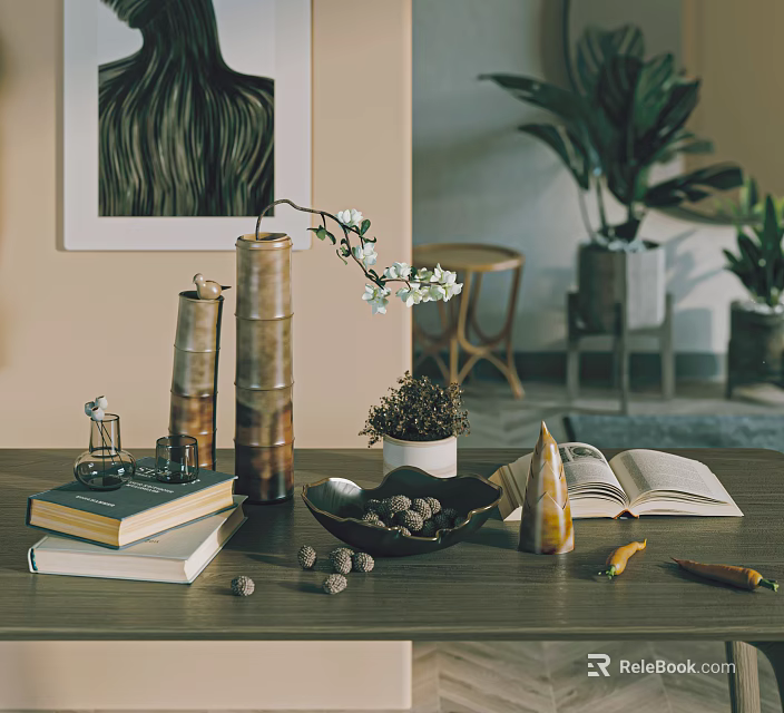 Natural Style Decorative Ornament Set With Bamboo Vases White Blossoms And Books On Tabletop 3d model 
