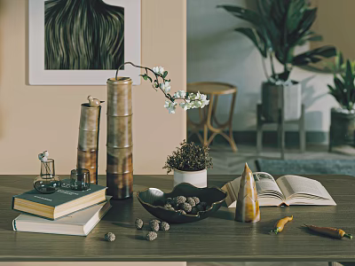 Natural Style Decorative Ornament Set With Bamboo Vases White Blossoms And Books On Tabletop 3d model
