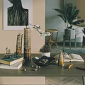 Natural Style Decorative Ornament Set With Bamboo Vases White Blossoms And Books On Tabletop