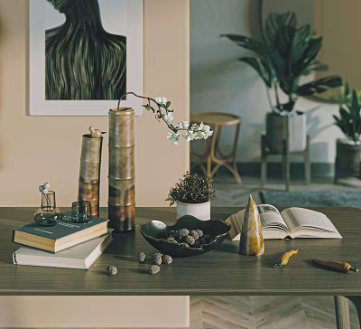 Natural Style Decorative Ornament Set With Bamboo Vases White Blossoms And Books On Tabletop 3d model