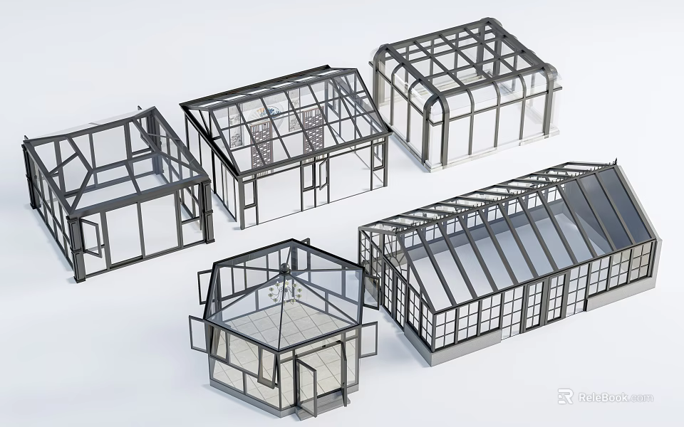 Various Glass House Frame Designs With Different Roof And Window Structures 3d model