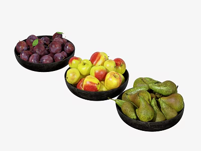 Fresh Colorful Plums Apples And Pears In Black Bowls On White Background 3d model