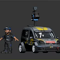 Small Car with Yellow Gray Livery Roof Mounted LIDAR Device and Standing Operator Character
