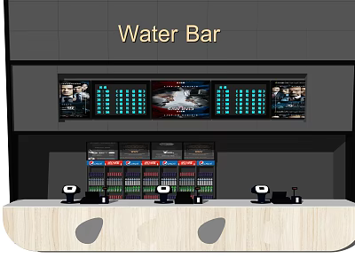 Modern Water Bar Reception Desk With Multiple Screens And Display Equipment 3d model