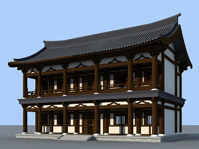 Ancient Chinese Architecture Two Story Building With Wooden Structure White Walls And Black Tiles 3d model