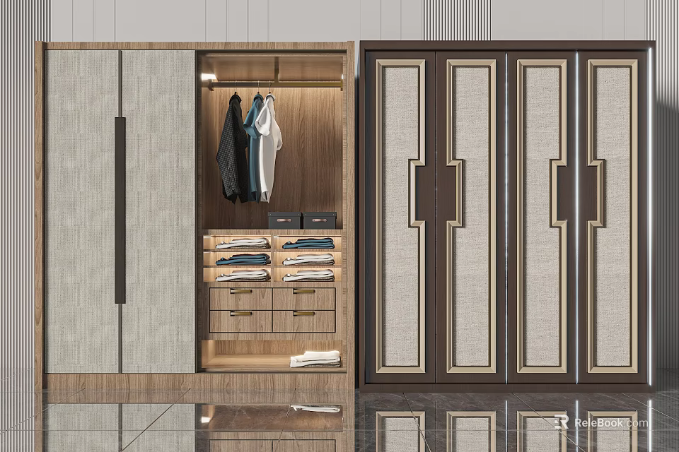 Modern Wardrobe Interior With Light Gray Fabric Doors Dark Brown Wooden Frame And Gold Trim 3d model 