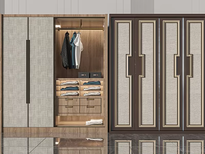 Modern Wardrobe Interior With Light Gray Fabric Doors Dark Brown Wooden Frame And Gold Trim 3d model