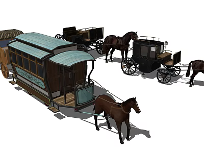 Horse Drawn Carriages Featuring Multiple Covered Designs And Standing Horses In Vintage Display Collection 3d model