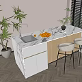 Modern Bar Counter With Marble Top Sink Fresh Fruits Indoor Plant And Bar Stools