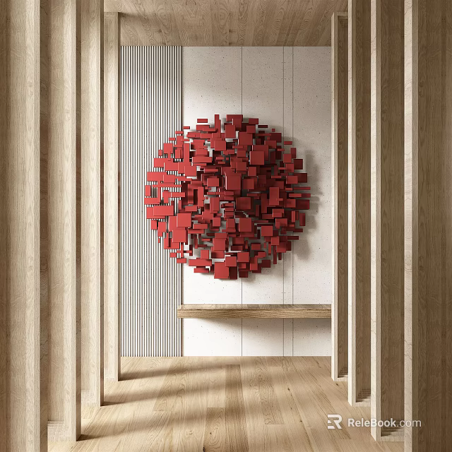Red Circular Wall Decor Made Of Stacked Red Cubes On White Wall With Wooden Shelf 3d model 
