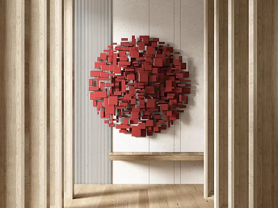 Red Circular Wall Decor Made Of Stacked Red Cubes On White Wall With Wooden Shelf 3d model