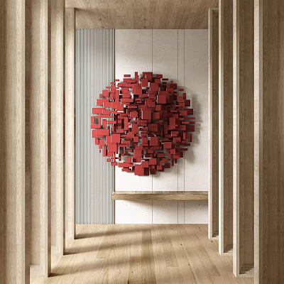 Red Circular Wall Decor Made Of Stacked Red Cubes On White Wall With Wooden Shelf 3d model