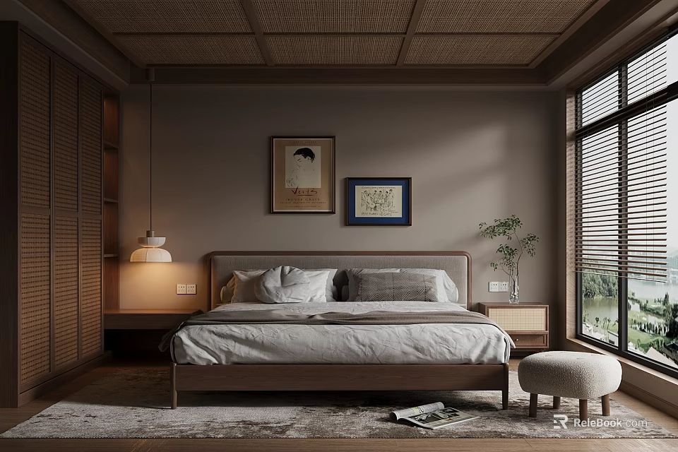 Warm Bedroom Interior With Wooden Ceiling Sliding Wardrobe Bedside Lamp Wall Paintings And Window Plant 3d model 