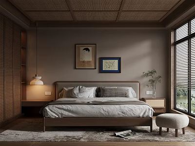 Warm Bedroom Interior With Wooden Ceiling Sliding Wardrobe Bedside Lamp Wall Paintings And Window Plant 3d model