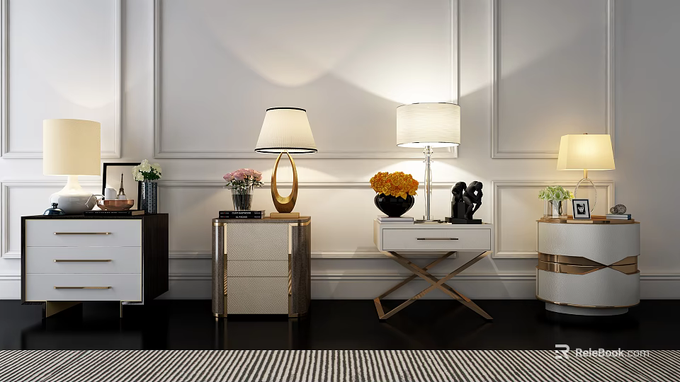 Stylish Modern Bedside Tables With Table Lamps Flowers In Vases And Drawers 3d model 