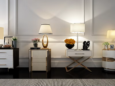Stylish Modern Bedside Tables With Table Lamps Flowers In Vases And Drawers 3d model