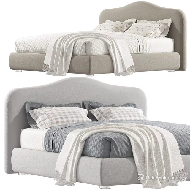 Upholstered Double Bed With Plaid Pillows Soft Blanket And Modern Headboard Design 3d model 