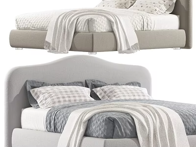 Upholstered Double Bed With Plaid Pillows Soft Blanket And Modern Headboard Design 3d model
