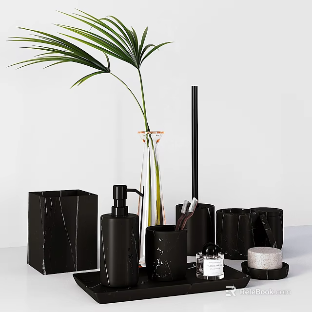 Modern Black Bathroom Essentials With Marble Texture And Palm Leaf Decoration 3d model