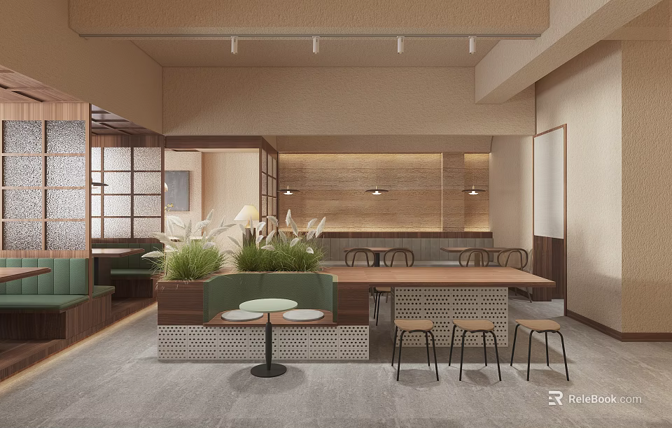 Modern Café Interior With Open Layout Wooden Counter Green Plants And Round Tables 3d model 