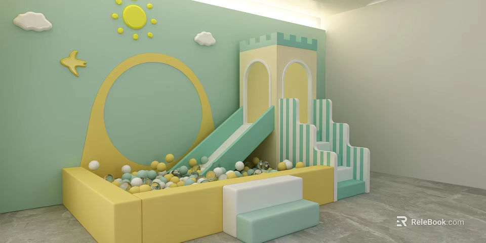 Playful Kids Area With Castle Slide Ball Pit Yellow Sun Cloud Decor Light Green Wall 3d model 
