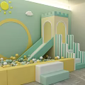 Playful Kids Area With Castle Slide Ball Pit Yellow Sun Cloud Decor Light Green Wall
