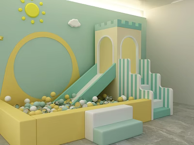 Playful Kids Area With Castle Slide Ball Pit Yellow Sun Cloud Decor Light Green Wall 3d model