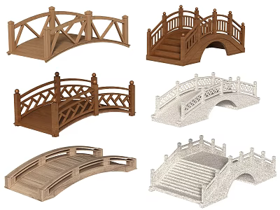 Ornamental Wooden and Stone Landscape Bridges with Various Railings Arched Shapes and Garden Steps 3d model