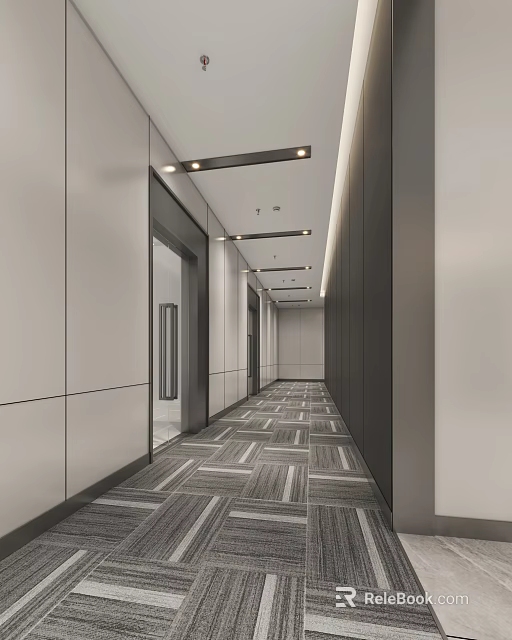Modern Elevator Hallway Design With Ceiling Lights And Patterned Carpet 3d model
