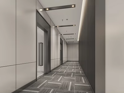Modern Elevator Hallway Design With Ceiling Lights And Patterned Carpet 3d model