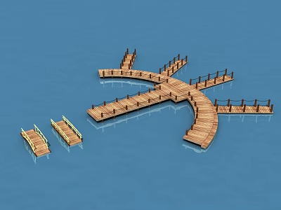 Wooden Curved Bridge Over Blue Water With Multiple Extensions And Railings 3d model