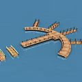 Wooden Curved Bridge Over Blue Water With Multiple Extensions And Railings