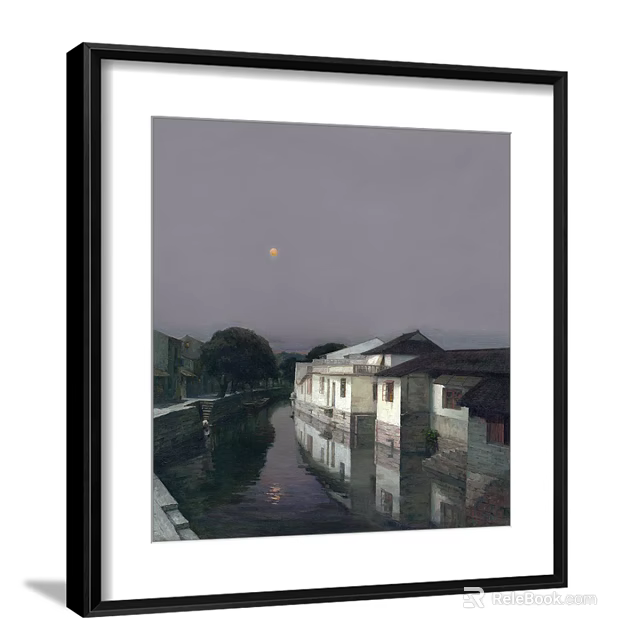 Scenic Landscape Painting Of Canal With Traditional Buildings And Moon Reflection 3d model 
