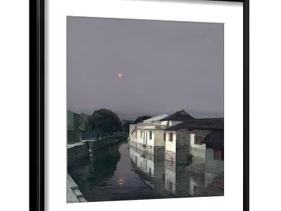 Scenic Landscape Painting Of Canal With Traditional Buildings And Moon Reflection 3d model