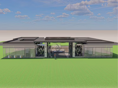 Modern Architectural Entrance Gate With Glass Facade Flat Roof And Green Lawn 3d model